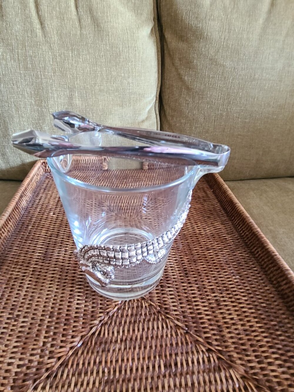 Glass Ice Bucket with silver Alligator detail and silver tongs